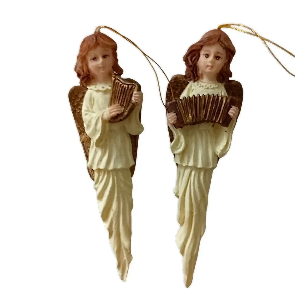 2 Angel Icicle Ornament Christmas Vintage 90s Resin Teardrop Holiday Ivory Gold.